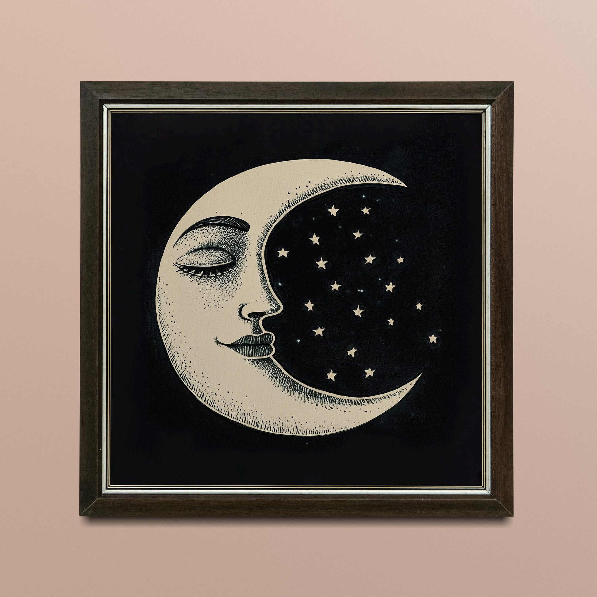 Vintage Moon Print - Black and Beige - Moon with Face - Art Nouveau - Shabby Chic Moon
