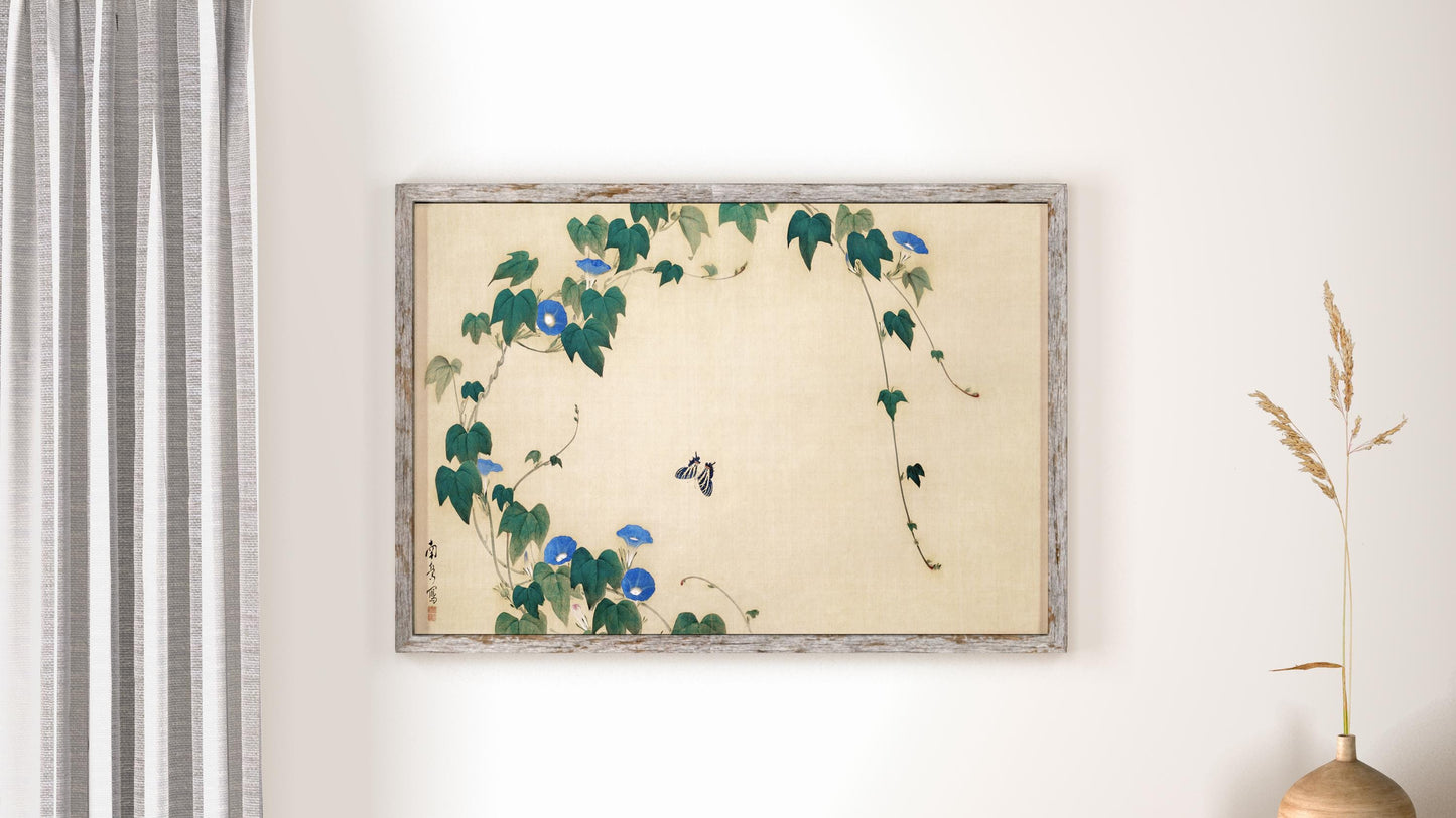 Japanese Morning Glories - Moody Floral - Dark Green and Blue- vintage Japan