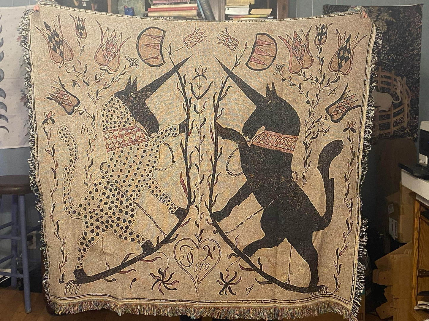 Woven Cotton Blanket - Two Medieval Unicorn