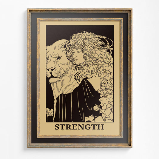 Art Nouveau Strength Tarot Card Print – Woman and Lion Poster