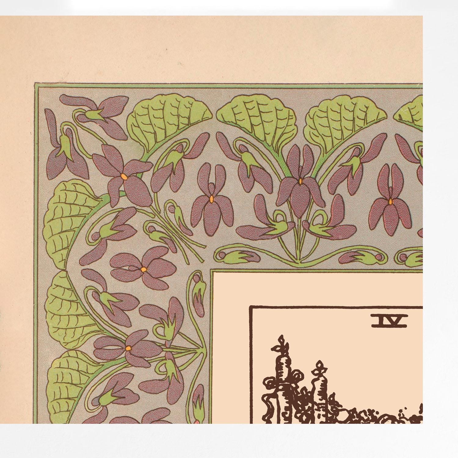 Art Nouveau Tarot Print - 4 of Wands - Vintage Shabby Chic - Tarot Poster - Nouveau Tarot Card Poster - Purple Beige