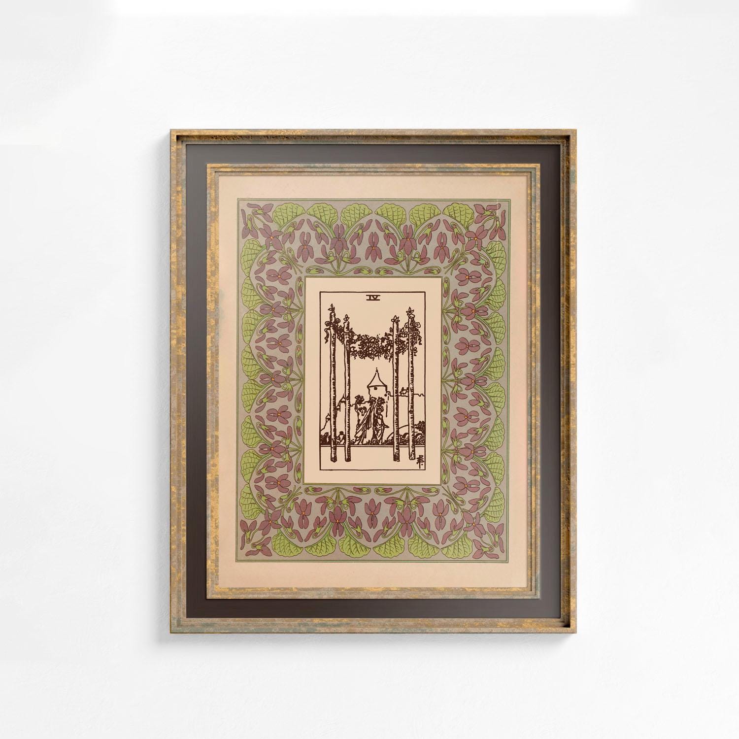 Art Nouveau Tarot Print - 4 of Wands - Vintage Shabby Chic - Tarot Poster - Nouveau Tarot Card Poster - Purple Beige