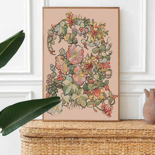 Art Nouveau Poster Floral Print Bohemian Print Large Artwork - Colorful Botanical - Honeysuckles