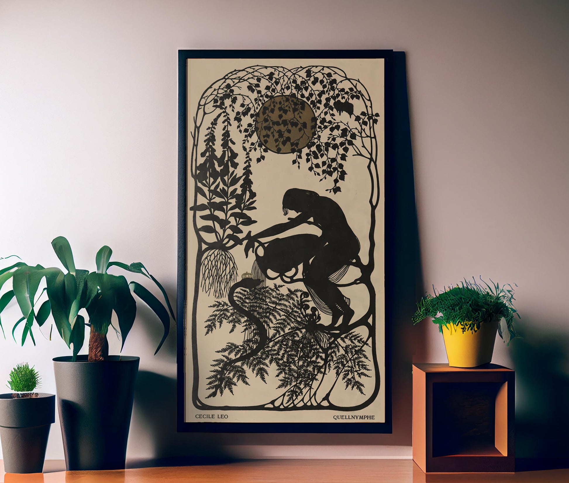Art Nouveau - Nymphe Print - Vintage Moon Poster - Beige - Willow Tree and Snake - Long Poster