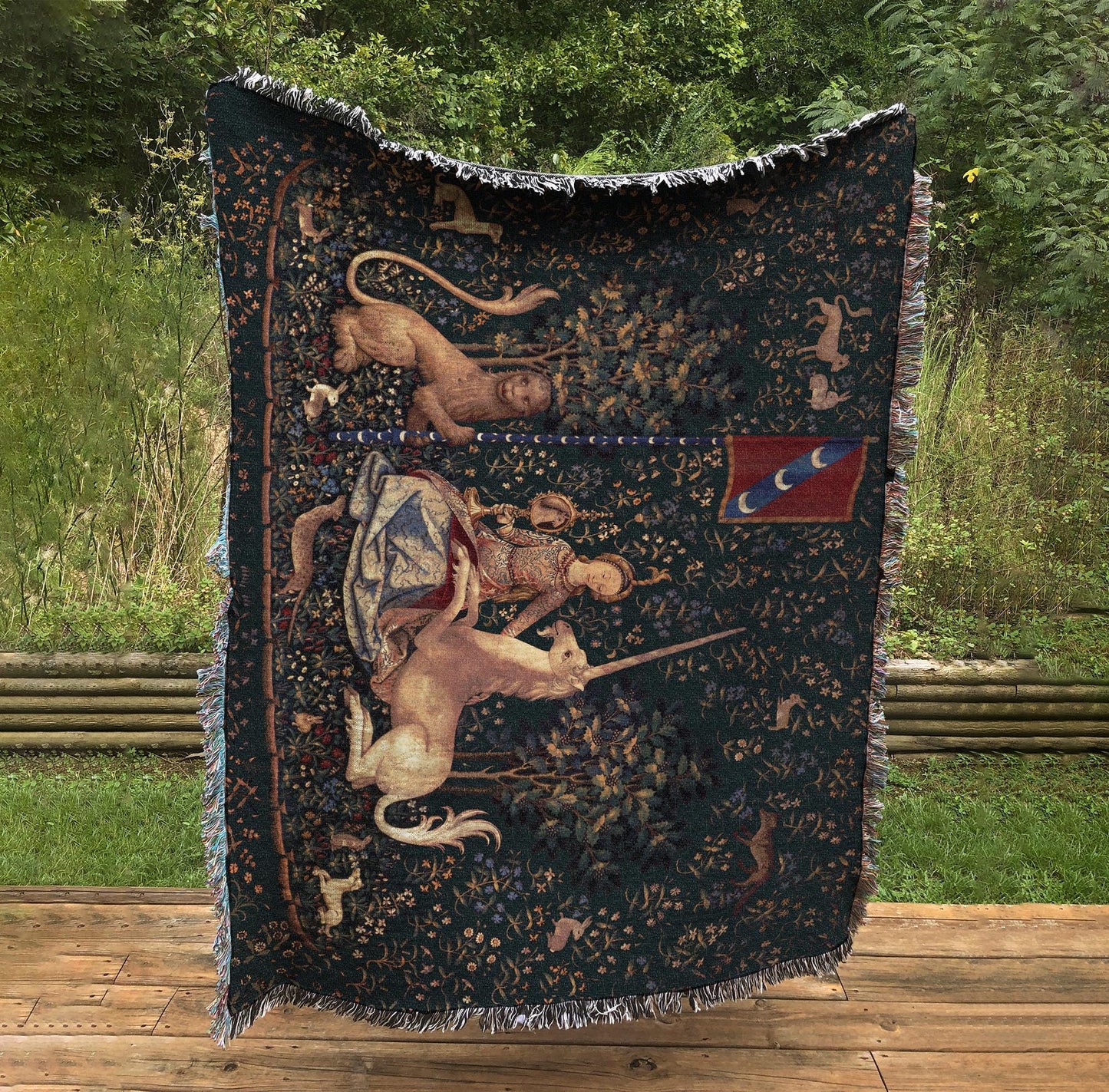 Lady with Unicorn Woven Blanket: Cotton Tapestry Wall Hanging by DesignBohemian