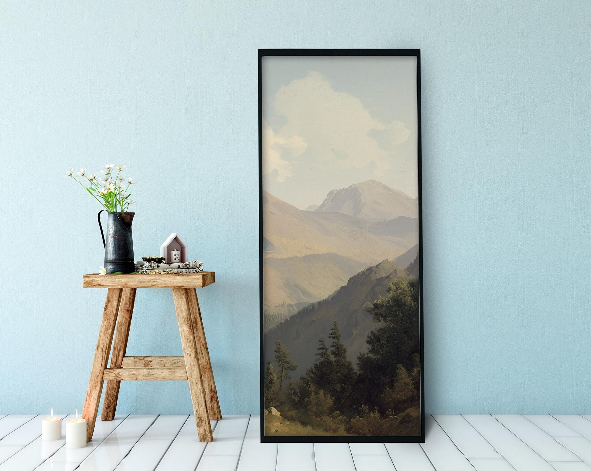 Vintage Mountains Print - Art Nouveau Nature- Bohemian Vintage - Print Large Artwork - Beige and Blue - Long Poster