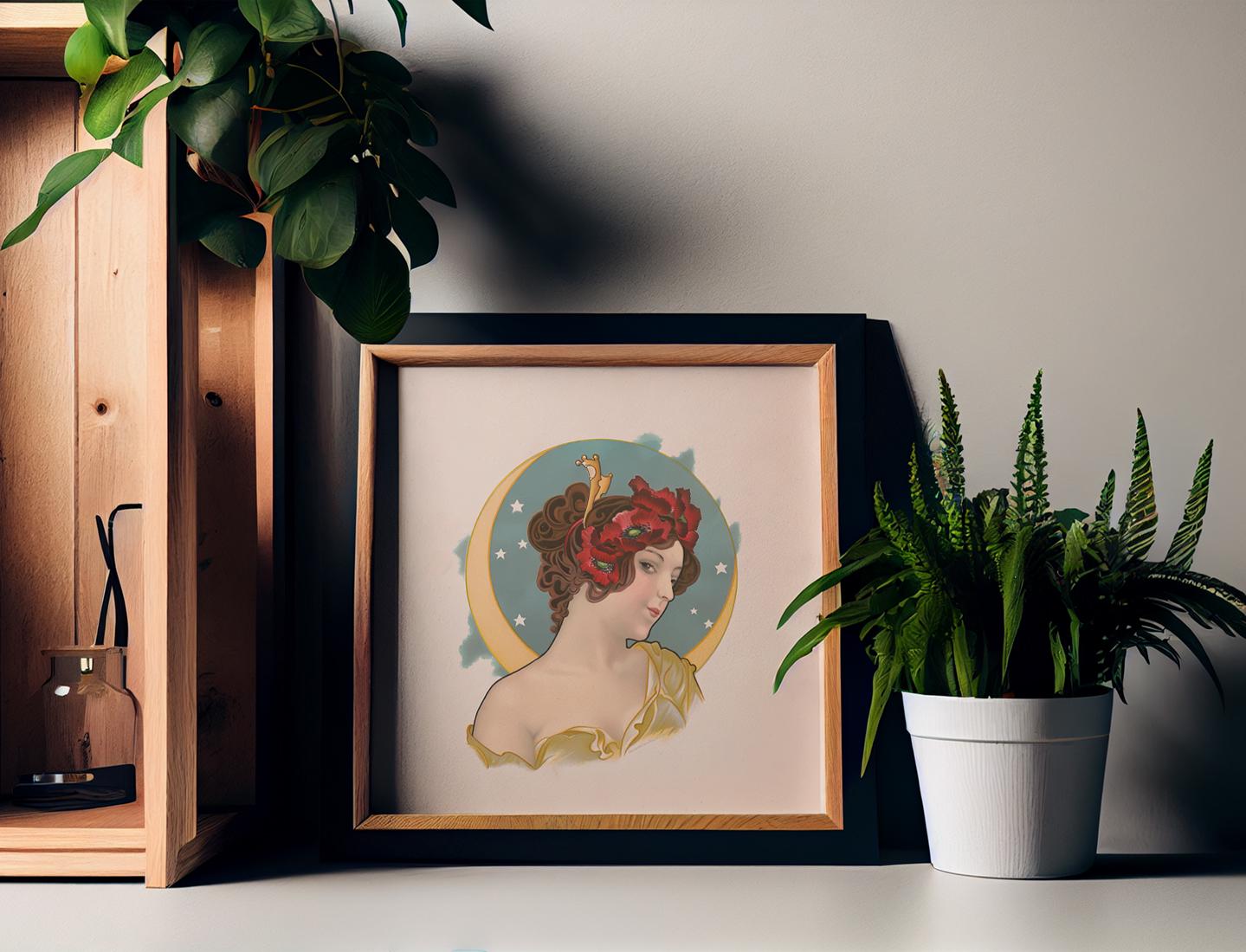 Vintage Woman and Moon - Art Nouveau Moon Print - Moon Goddess Art Deco - Moon Print Square - Beige and Blue