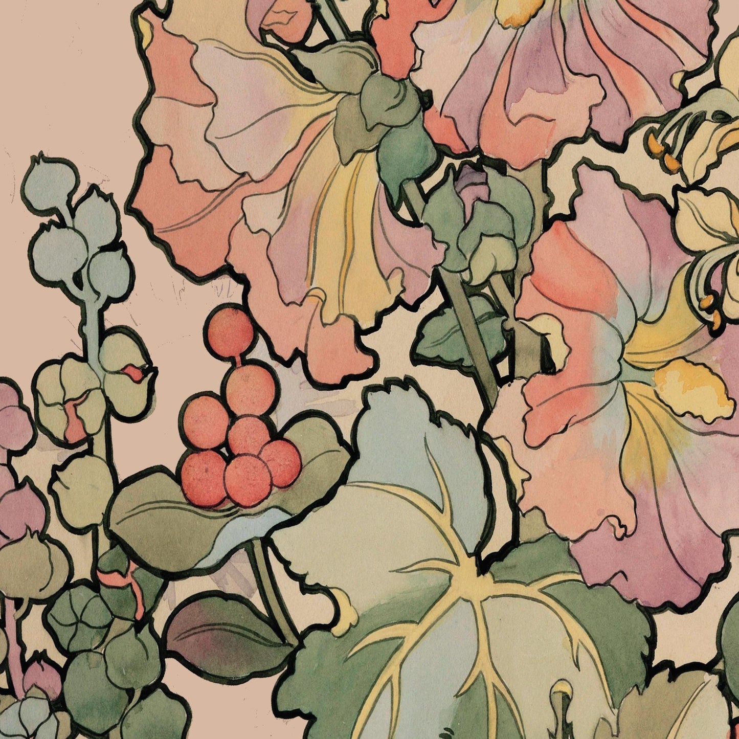 Art Nouveau Poster Floral Print Bohemian Print Large Artwork - Colorful Botanical - Honeysuckles
