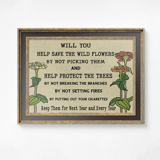 Vintage Wildflowers Quote Print - Garden Club Sign - Art Nouveau - Beige - Neutral Decor