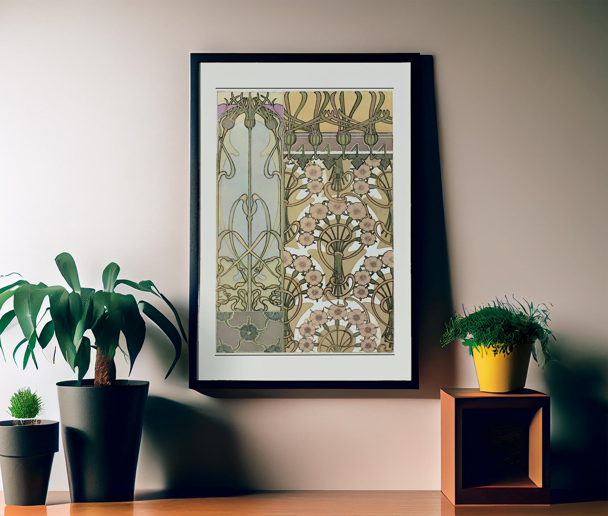 Mucha Inspired Floral Art Nouveau Print: Vintage Green & Pink by DesignBohemian