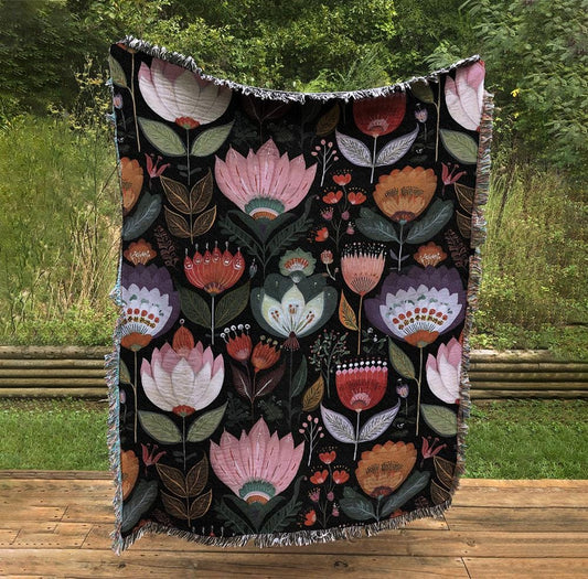Woven Floral Throw Blanket: Black Folk Tapestry by DesignBohemian