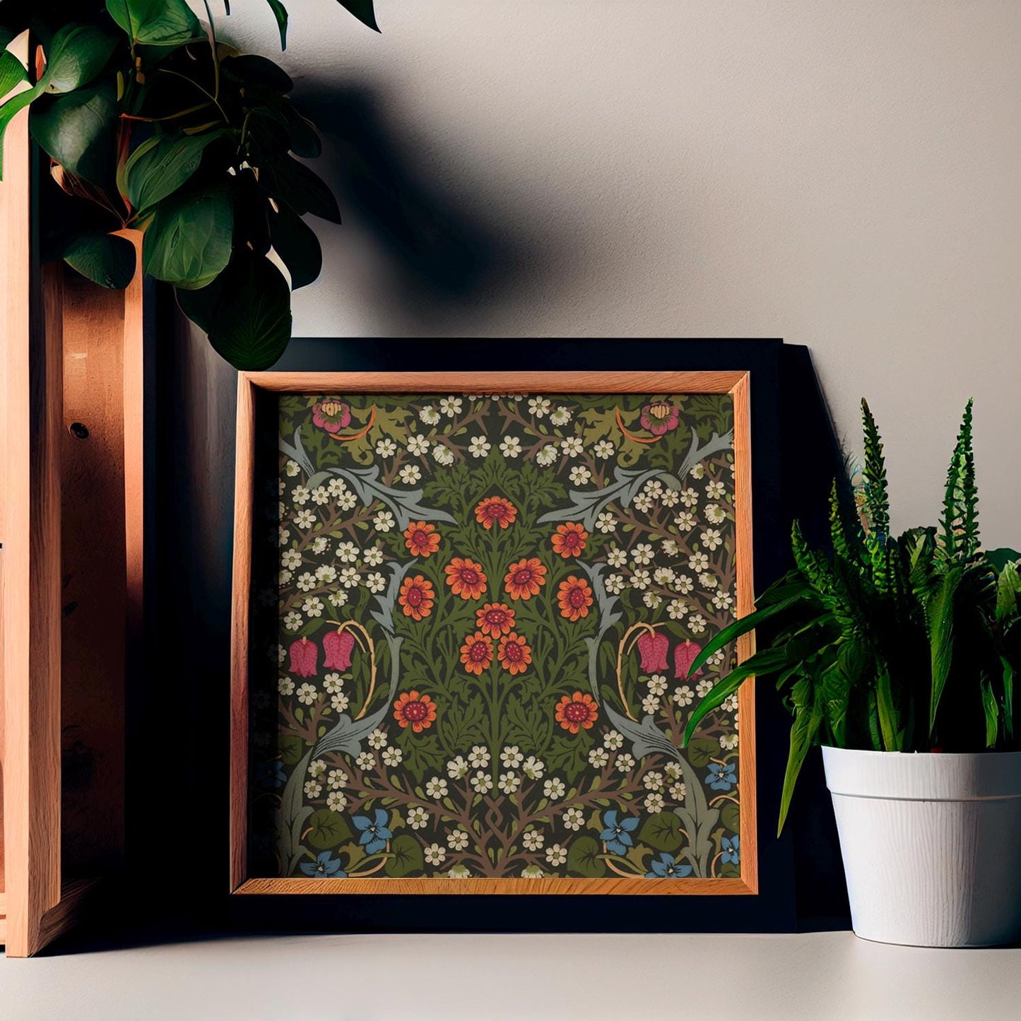 Art Nouveau Morris Print: Vintage Floral Square Print - Green and Pink