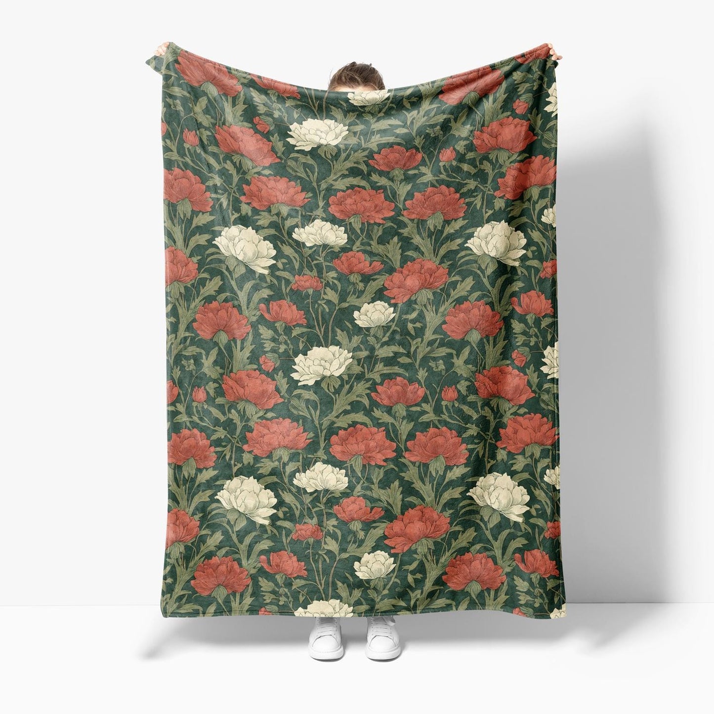 Red and Green Floral Velveteen Plush Blanket for Cozy Home Decor, Soft Throw for Living Room, Morris by DesignBohemian