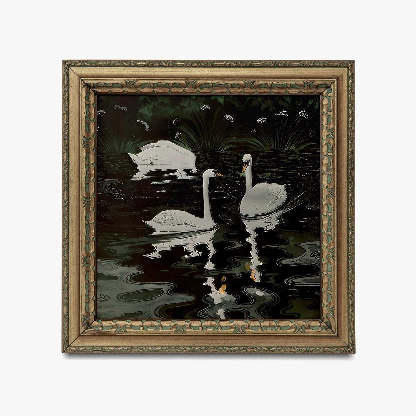 Art Nouveau Swan Art Print: Vintage Birds Painting - Swans in Water