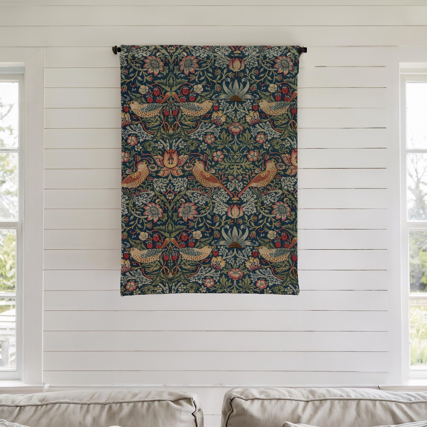 William Morris Woven Wall Tapestry, Floral Hanging Decor, Bird Pattern Art, Home Wall Decor - With rod pocket by DesignBohemian