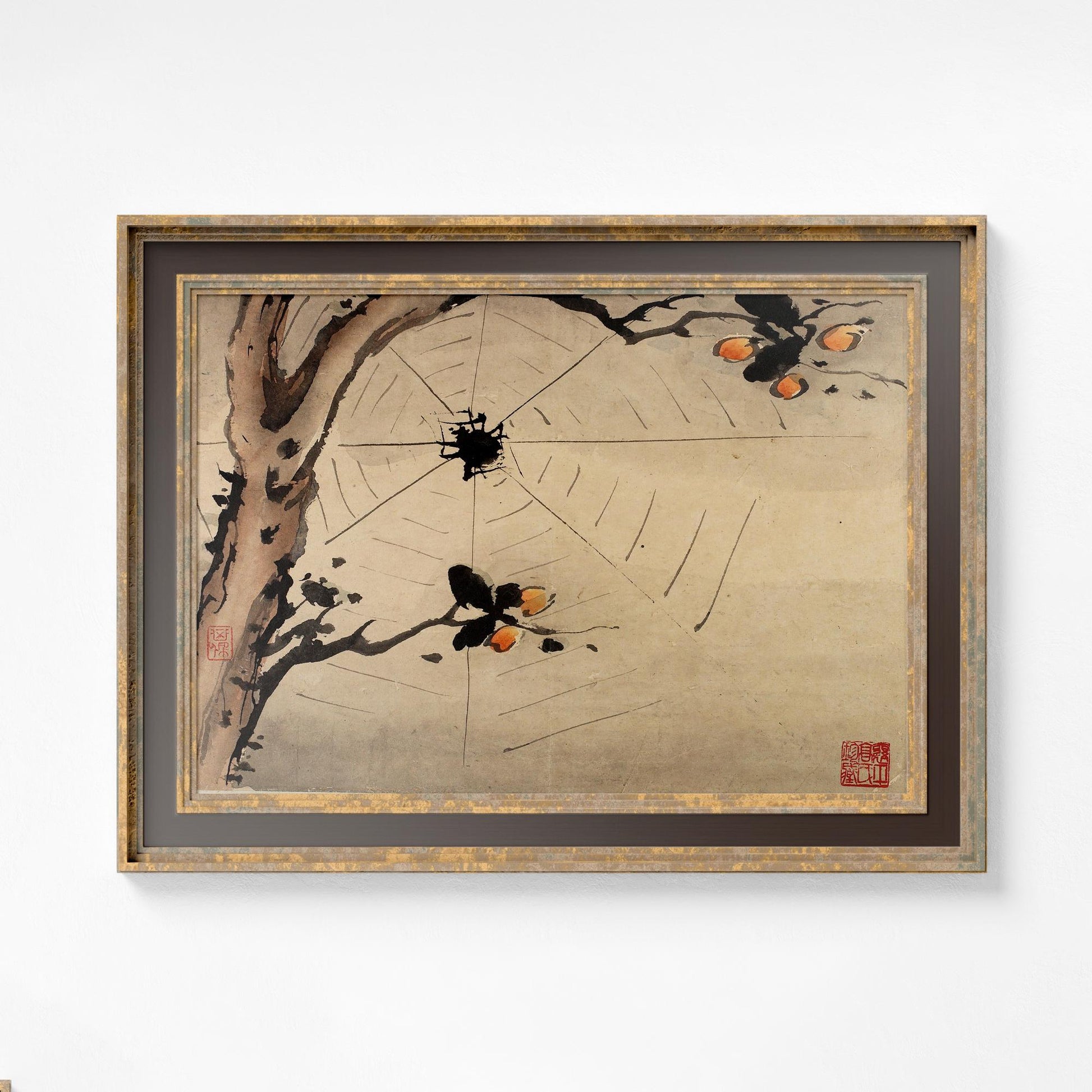 Japanese Spider Illustration - Beige and Black - Halloween Painting