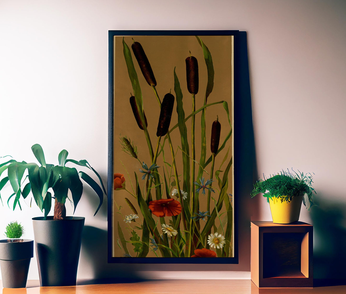 Floral Art Nouveau Print: Bohemian Red & Beige Long Poster - Cattails Print