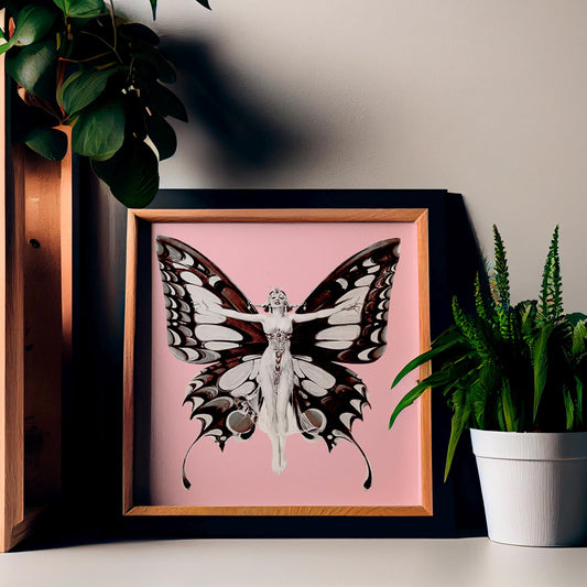 Vintage Pink Butterfly Lady Art Nouveau Aesthetic Art Print Square For Your Sacred Space by DesignBohemian