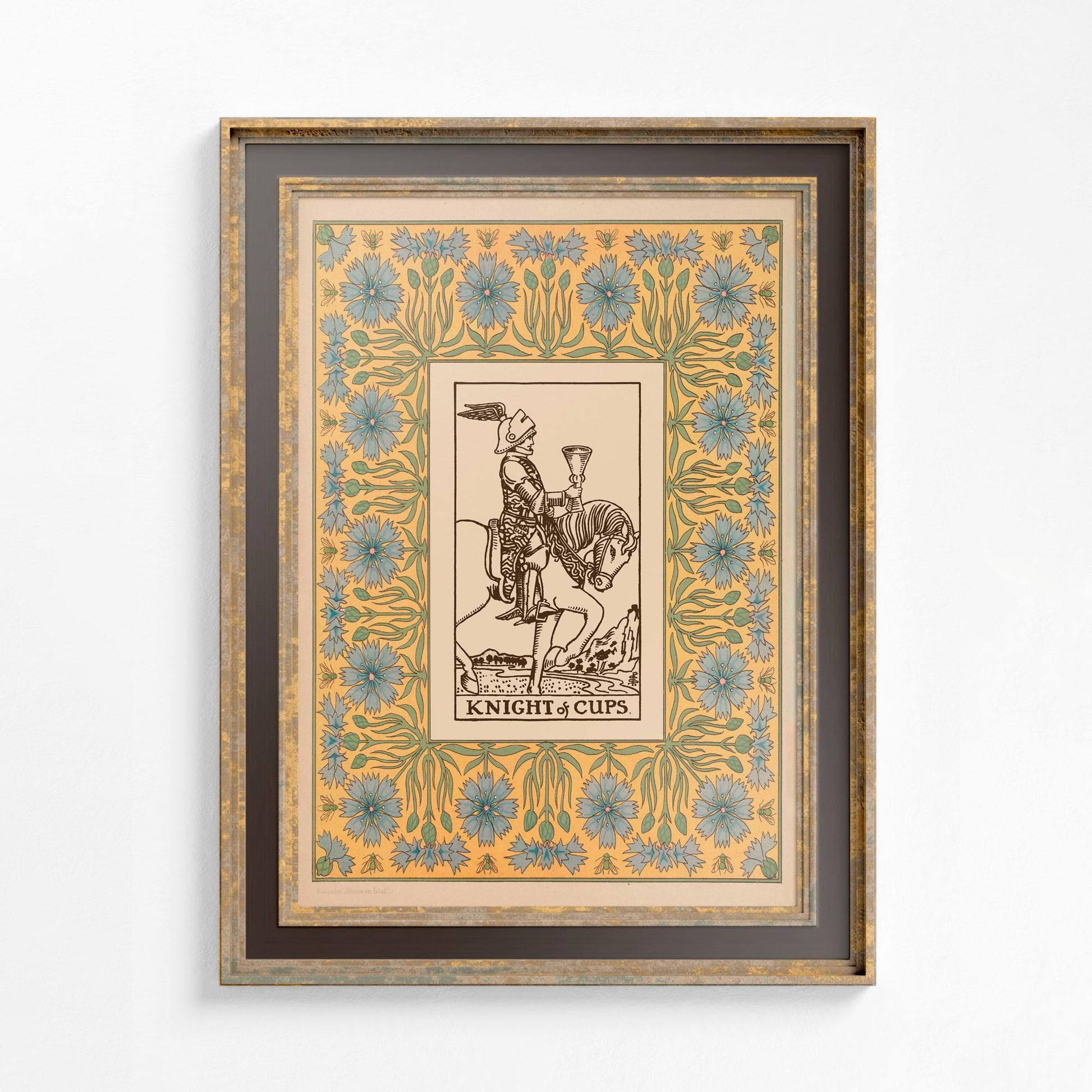 Knight of Cups Tarot Print: Floral Nouveau Vintage Art - Blue and Yellow