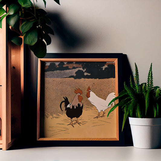 Vintage Chickens Print Premium Archival Matte Paper Beige And Black by DesignBohemian
