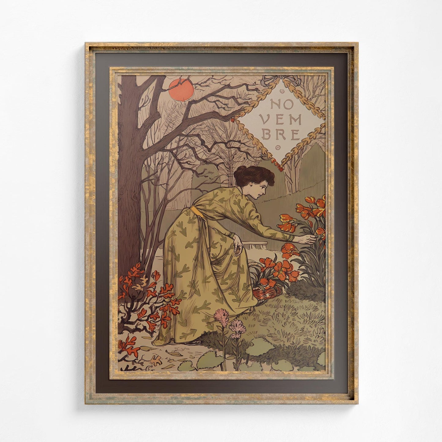 Vintage Fall Art - November - Nouveau Print - Bohemian Print Large Artwork - Beige