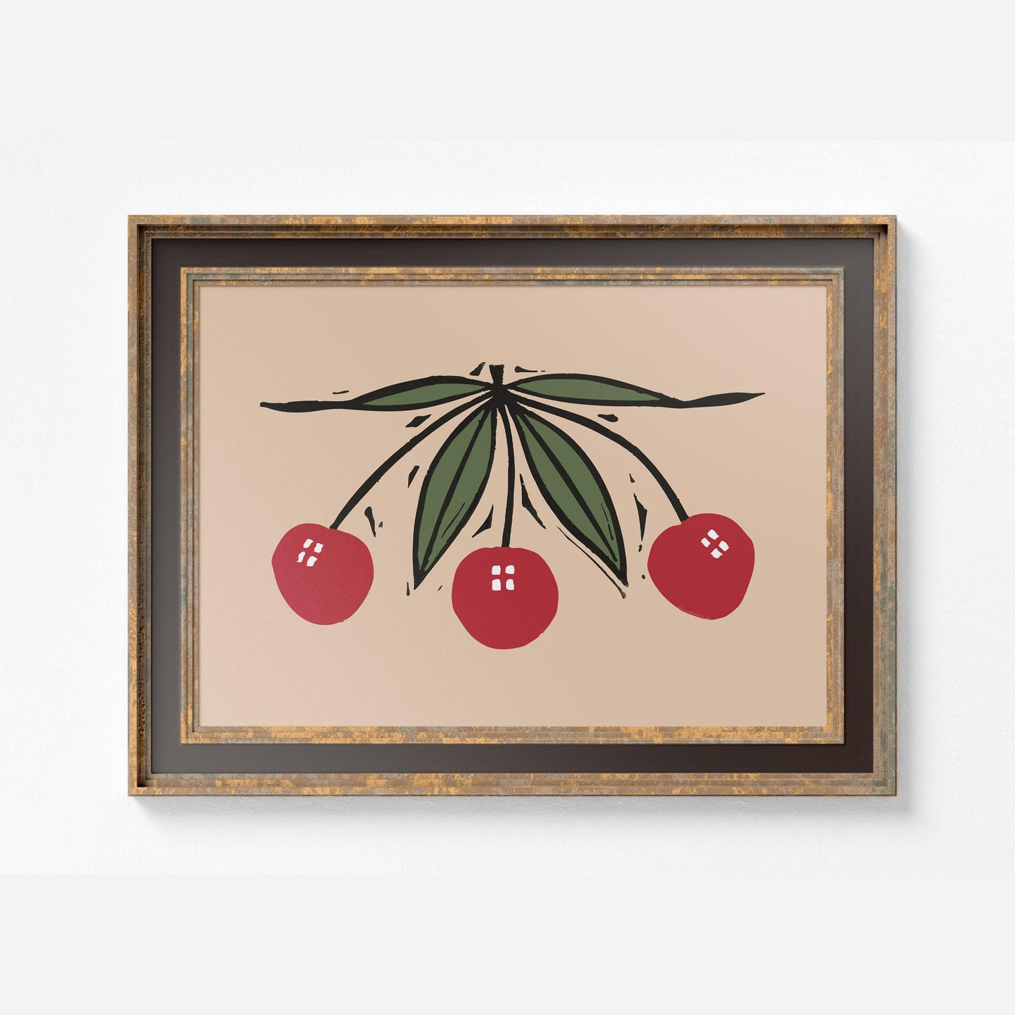 Vintage Cherries Print - Beige and Red - Retro Poster by DesignBohemian