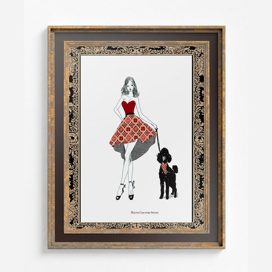 Vintage Fashion Art Print: Red and Black with Gold - Poodle - Vintage Couture by DesignBohemian