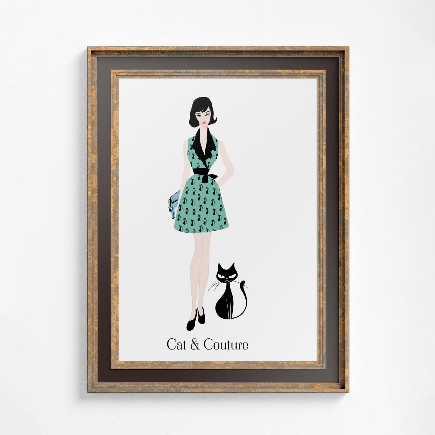 Vintage Fashion Art Print: Teal and Black - Mid Century Modern Cat - Vintage Couture by DesignBohemian