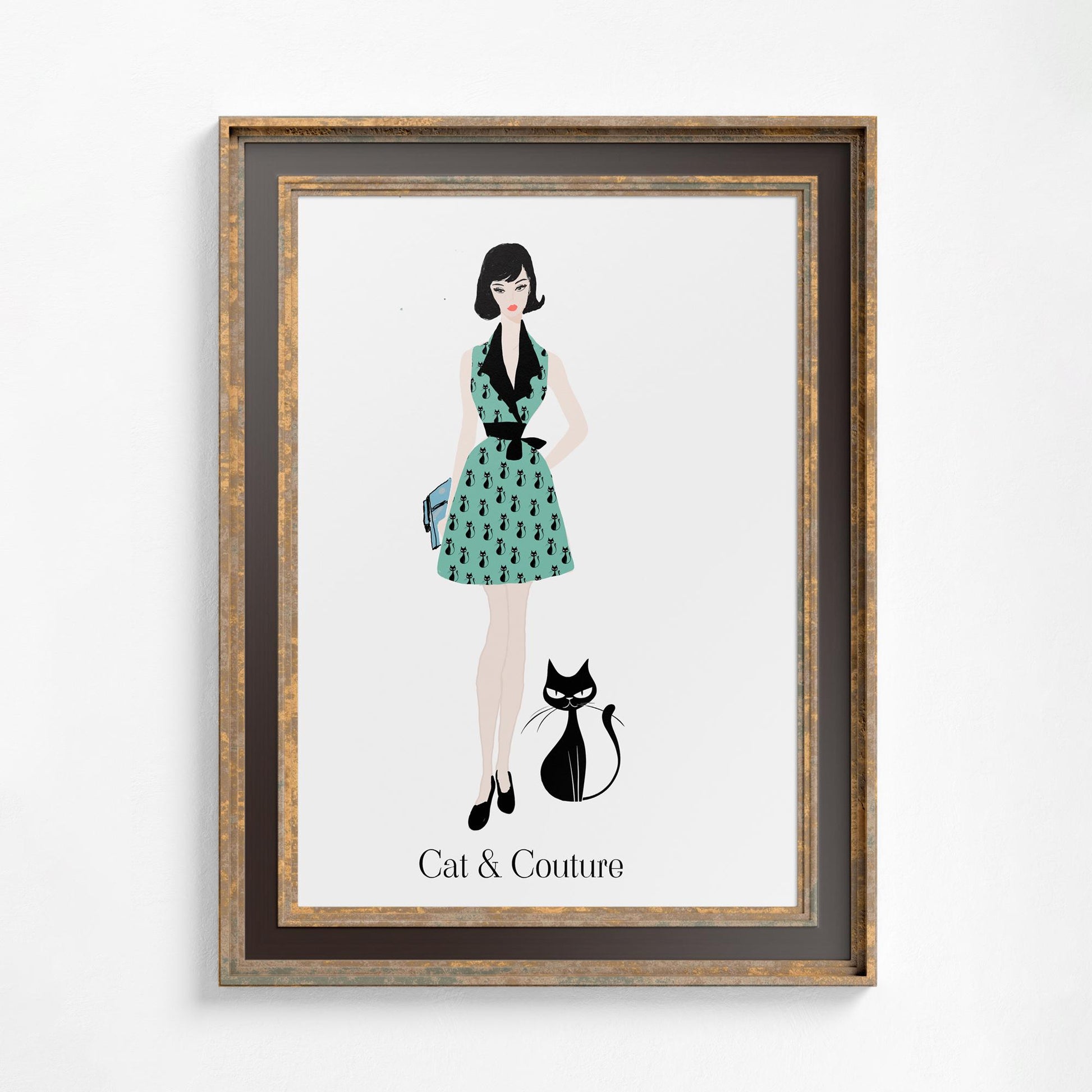 Vintage Fashion Art Print: Teal and Black - Mid Century Modern Cat - Vintage Couture by DesignBohemian