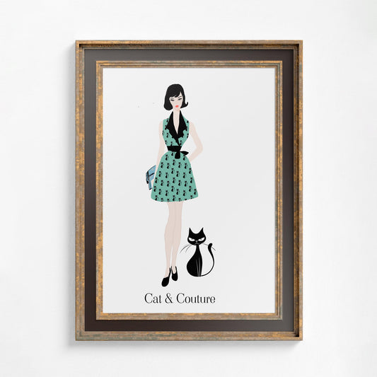 Vintage Fashion Art Print: Teal and Black - Mid Century Modern Cat - Vintage Couture by DesignBohemian