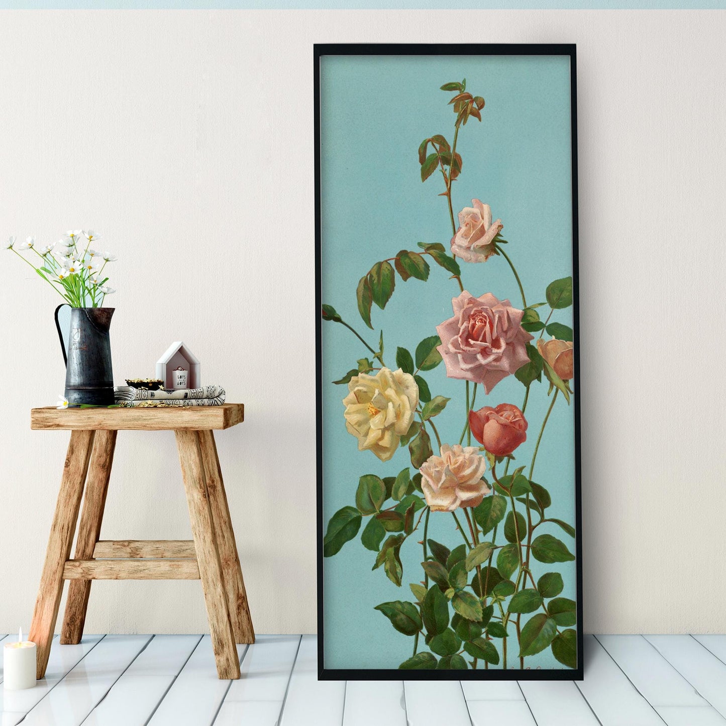 Tea Roses - Pink and Blue - Bohemian Vintage - Print Large Artwork - Floral - Long Poster