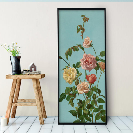 Tea Roses - Pink and Blue - Bohemian Vintage - Print Large Artwork - Floral - Long Poster