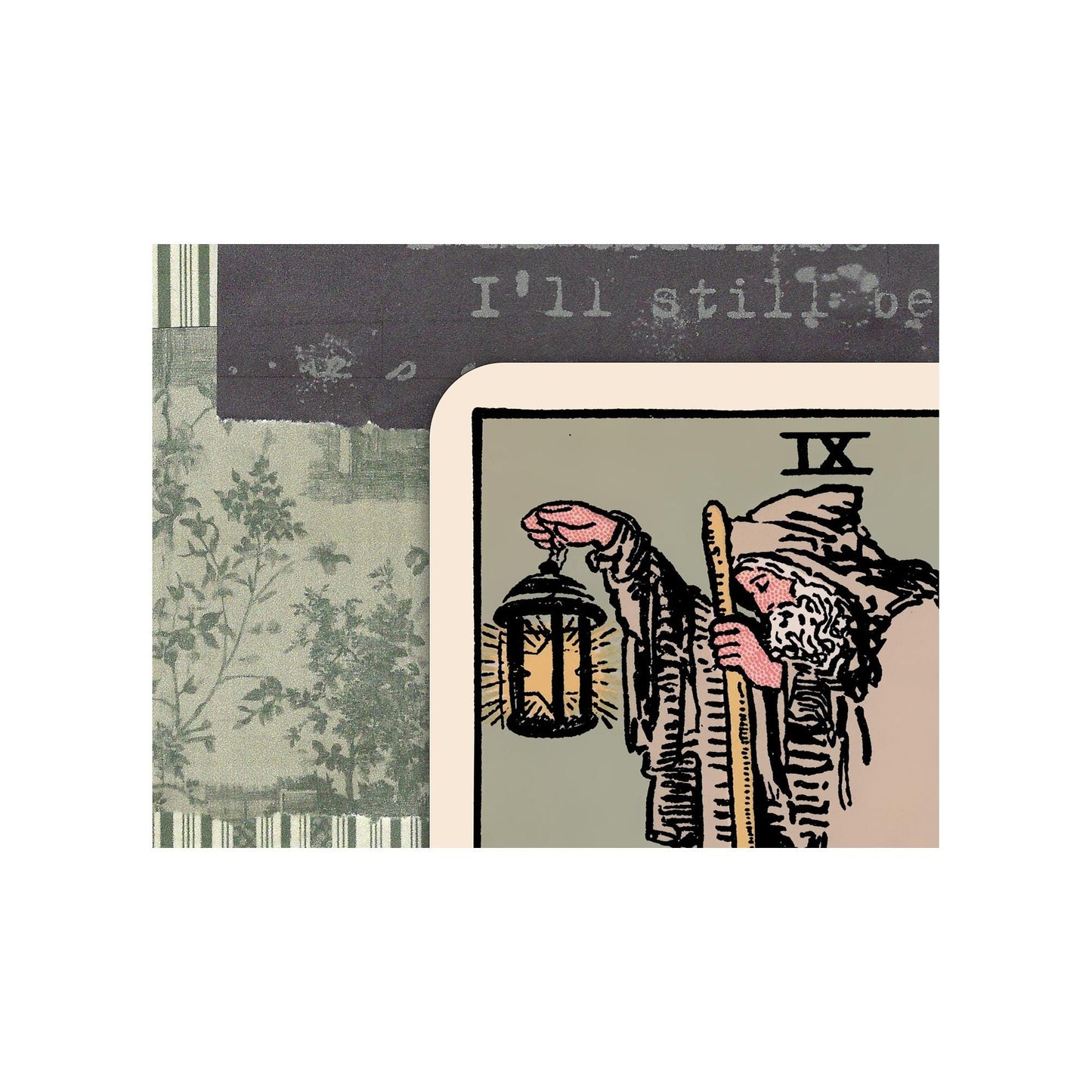 Collage Hermit Tarot Card Print: Vintage Green and Pink Floral Vintage Poster