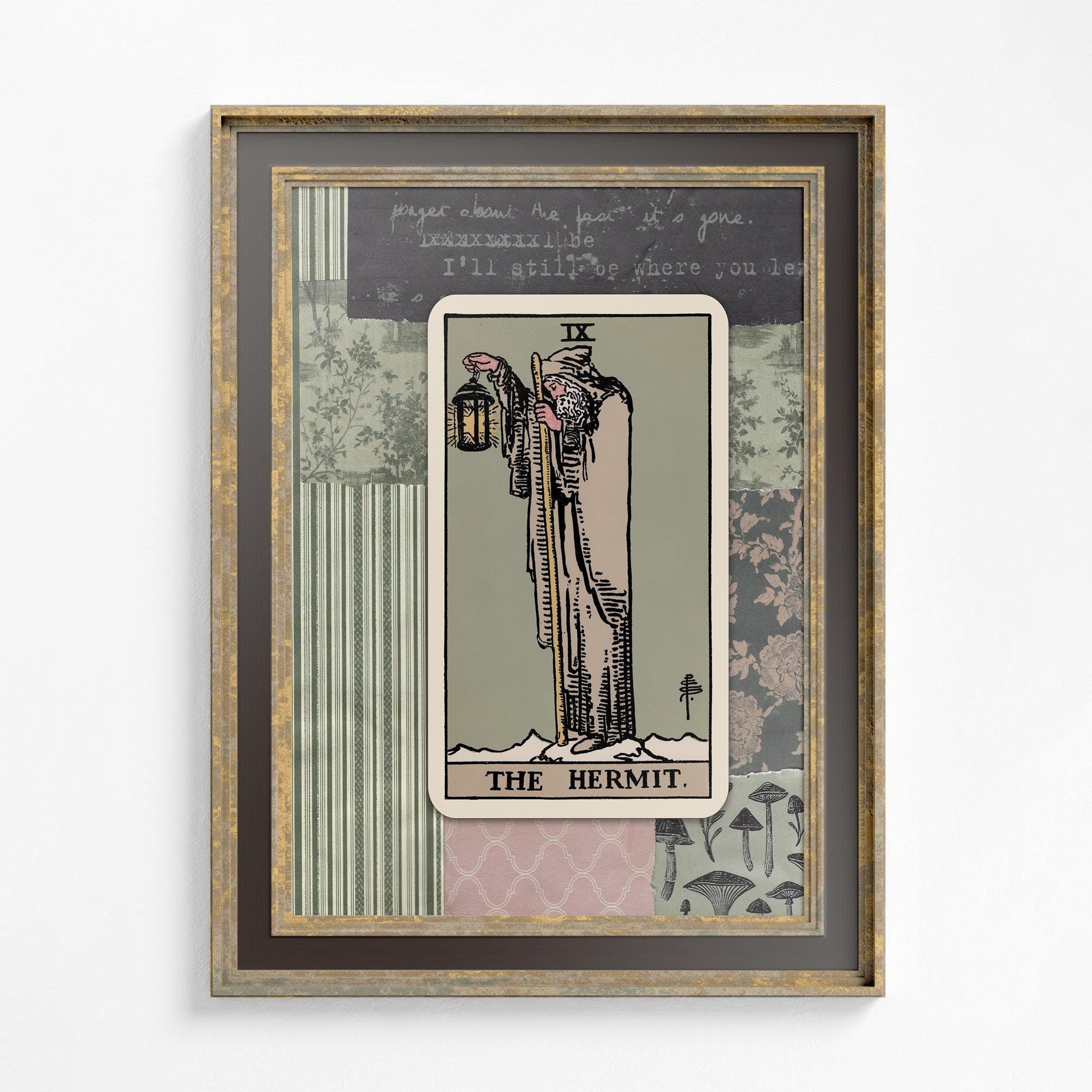 Collage Hermit Tarot Card Print: Vintage Green and Pink Floral Vintage Poster