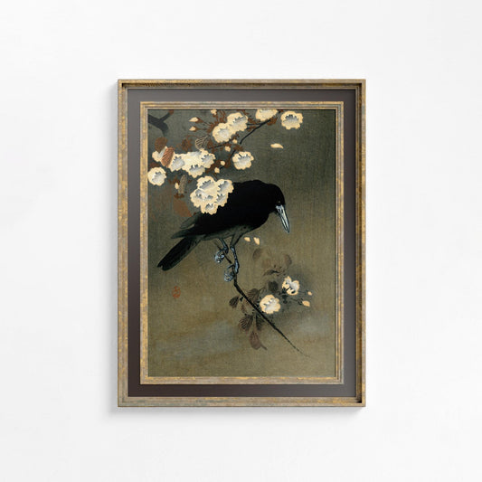Japanese Raven Print - Crow and Flowers Poster - Vintage