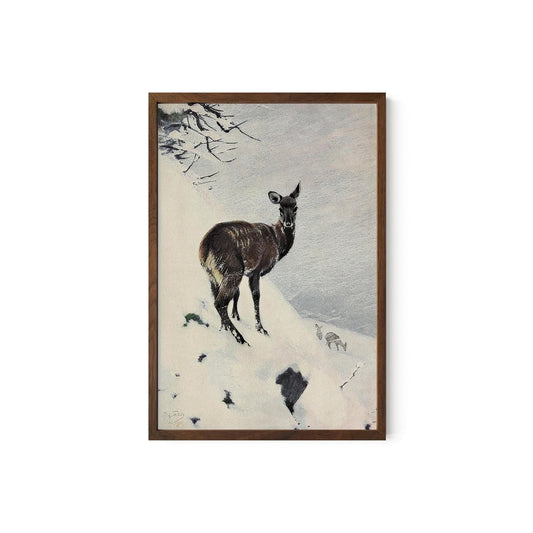 Vintage Deer Painting - Art Print: Minimalist Decor - Winter Snow