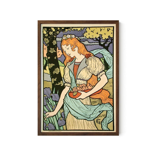 May include: A framed art print featuring a woman with long red hair in a flowing dress, holding a bowl of roses. The artwork has a vintage style with a color palette of greens, blues, and yellows. The woman is in a garden setting with irises.