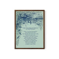 May include: A framed print featuring a blue and white illustration of birds on branches, with a landscape background. The print includes the poem "Hope" by Emily Dickinson, with the title and author's name at the top.