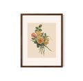 May include: A framed print featuring a watercolor illustration of a bouquet of roses. The roses are in shades of yellow and pink, with green leaves and stems. The artwork is set against a cream-colored background and framed in a dark brown wooden frame.