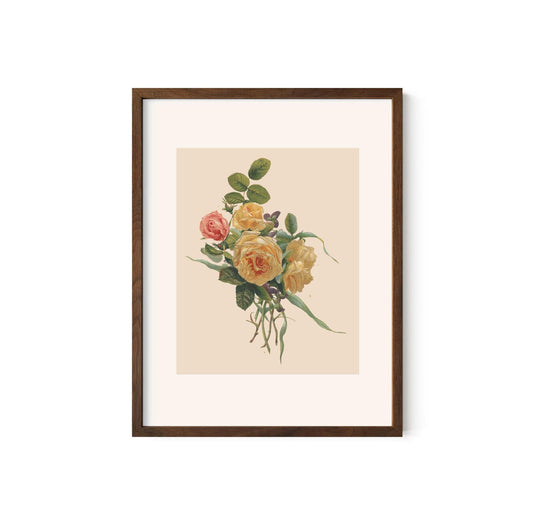 May include: A framed print featuring a watercolor illustration of a bouquet of roses. The roses are in shades of yellow and pink, with green leaves and stems. The artwork is set against a cream-colored background and framed in a dark brown wooden frame.