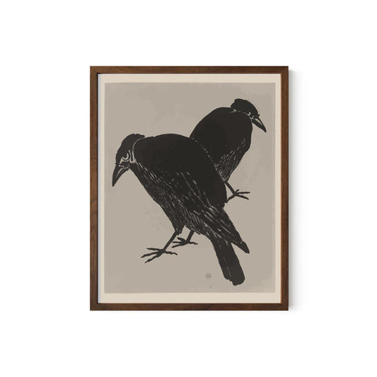 Japanese Raven Print - Two Crows - Vintage Painting - Black and Beige