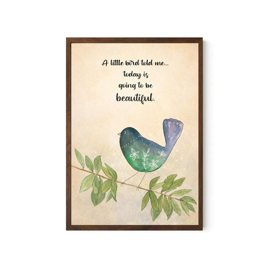 Positive Quote Poster Floral Bird Print - Watercolor Artwork - Beige and Blue