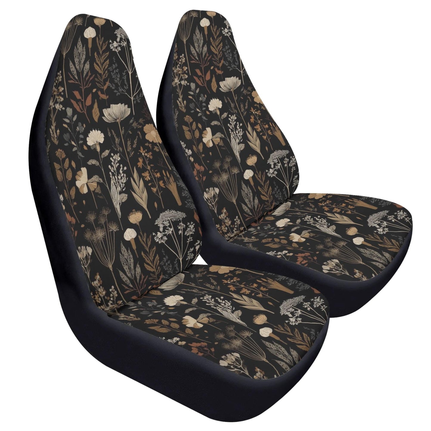 Moody Floral Car Seat Covers – Black Beige Vintage Style (Set of 2)