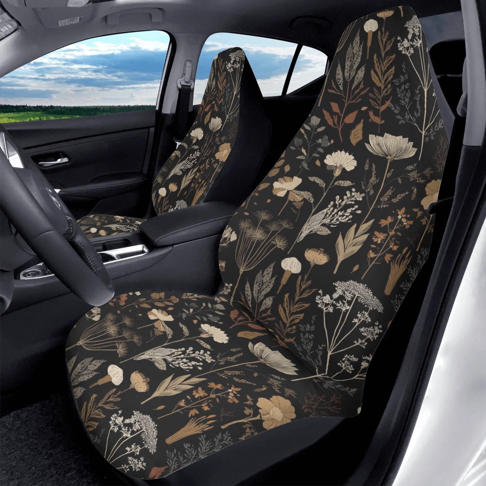 Moody Floral Car Seat Covers – Black Beige Vintage Style (Set of 2)