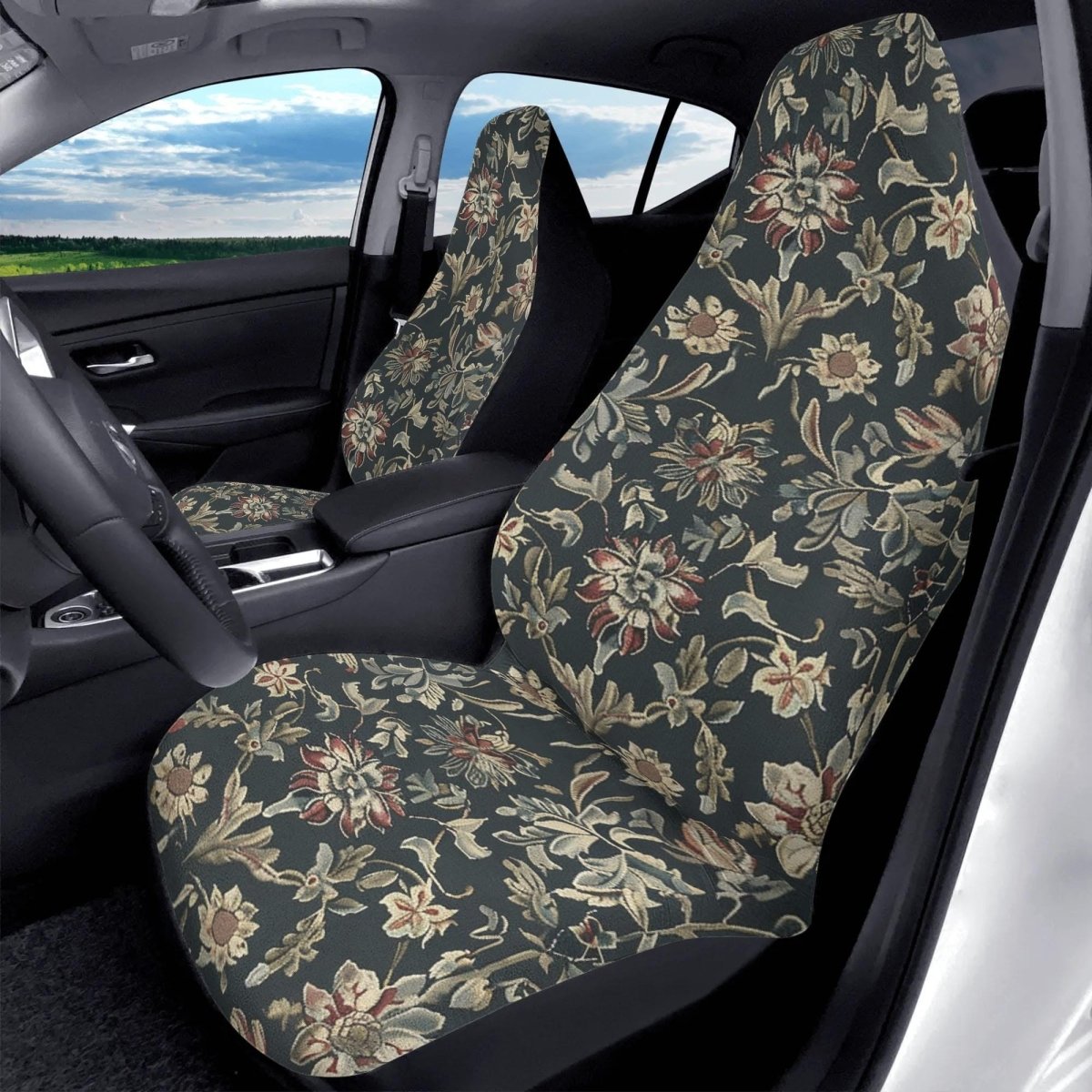 Black Floral Car Seat Covers – Vintage Tapestry Design (Set of 2)
