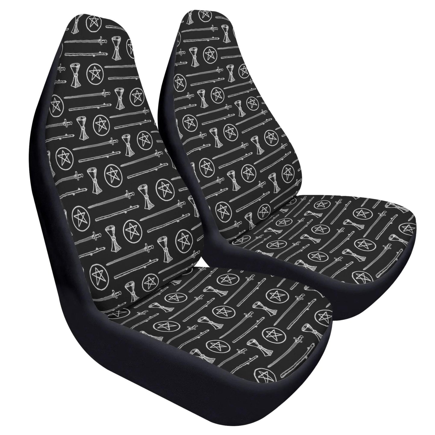 Black White Tarot Elements Car Seat Covers – Mystical Esoteric Symbols (Set of 2)