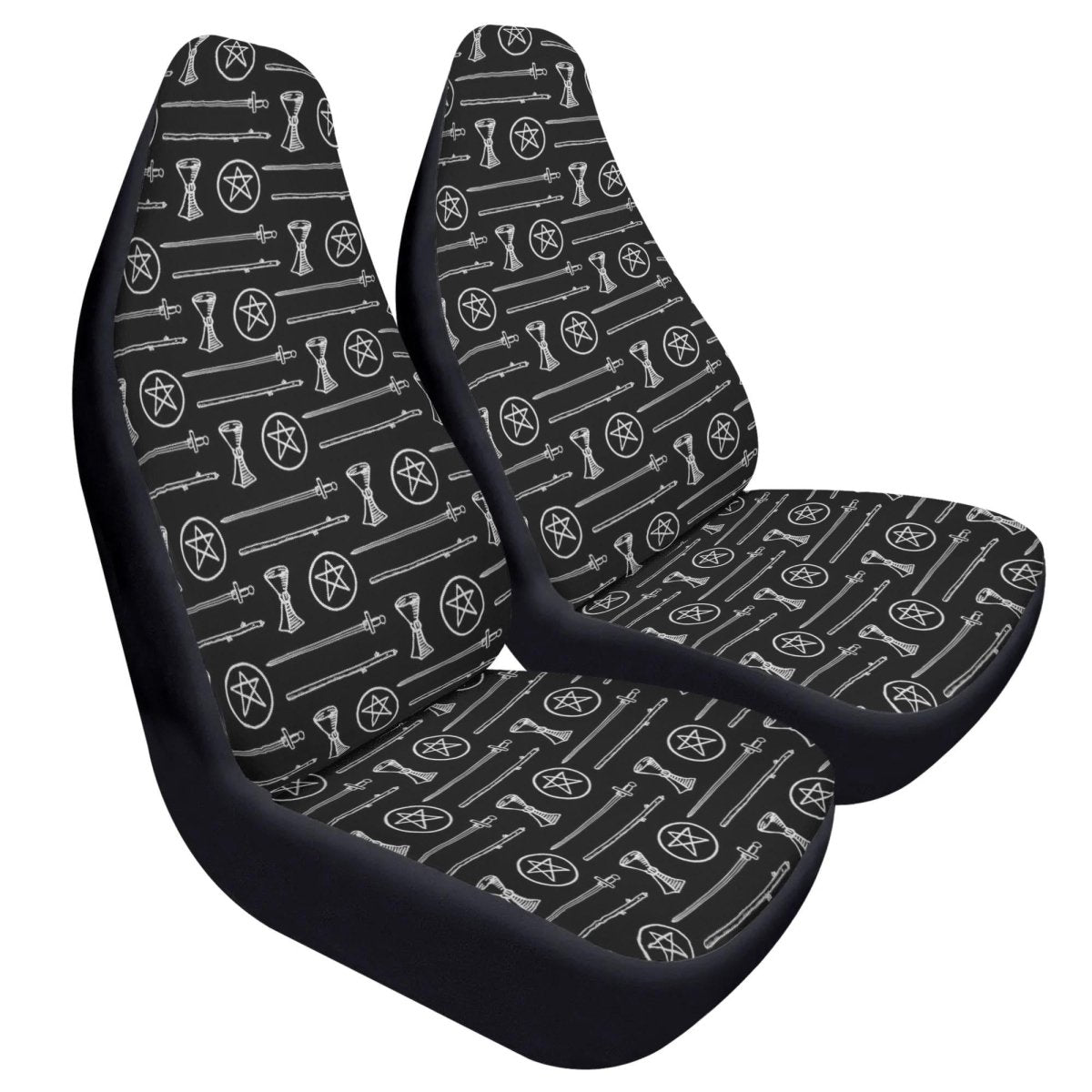 Black White Tarot Elements Car Seat Covers – Mystical Esoteric Symbols (Set of 2)