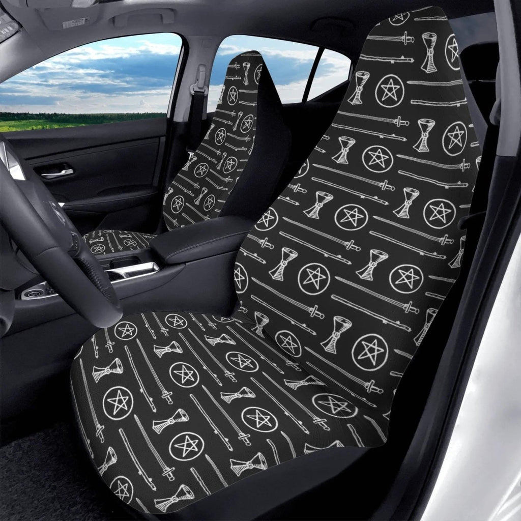 Black White Tarot Elements Car Seat Covers – Mystical Esoteric Symbols (Set of 2)