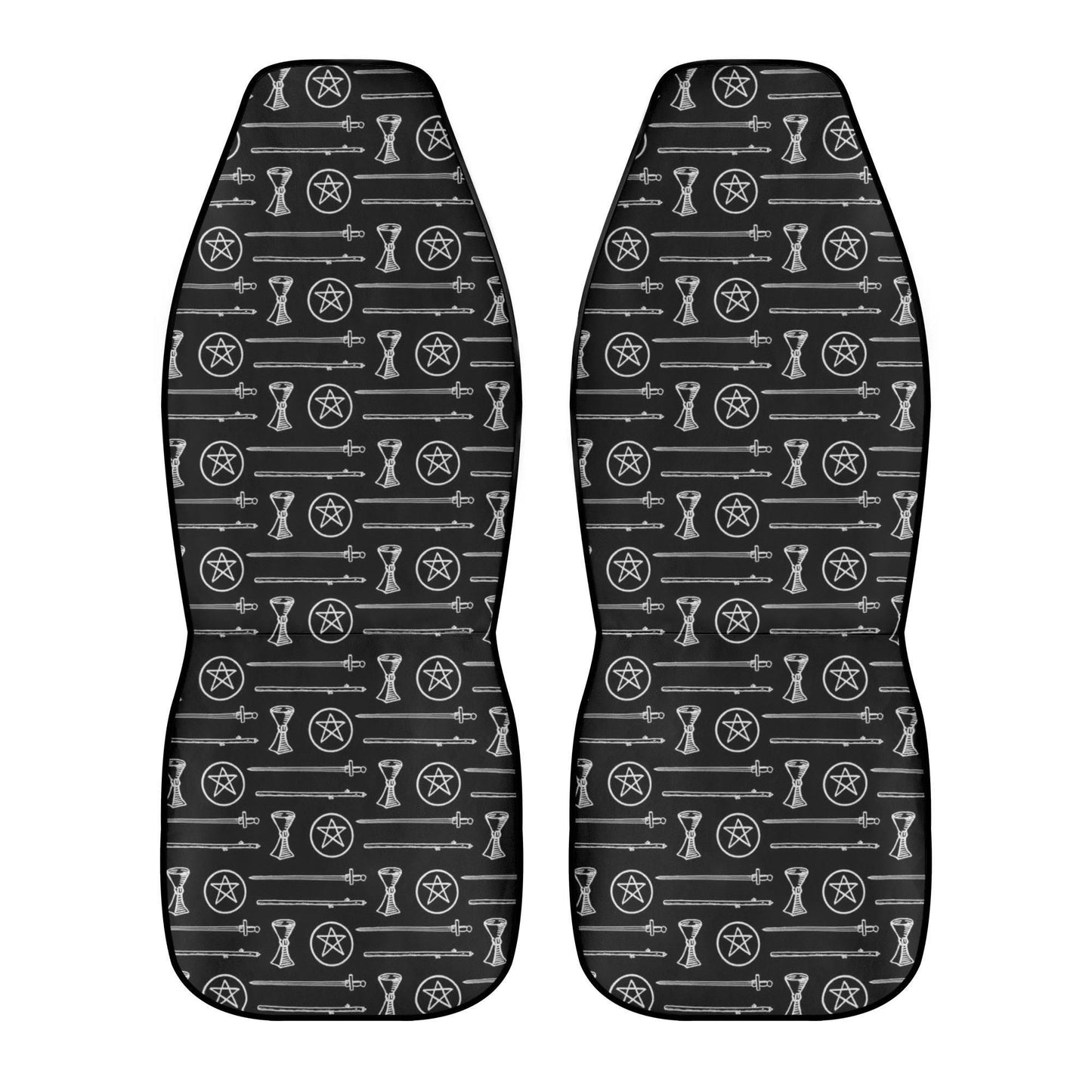 Black White Tarot Elements Car Seat Covers – Mystical Esoteric Symbols (Set of 2)