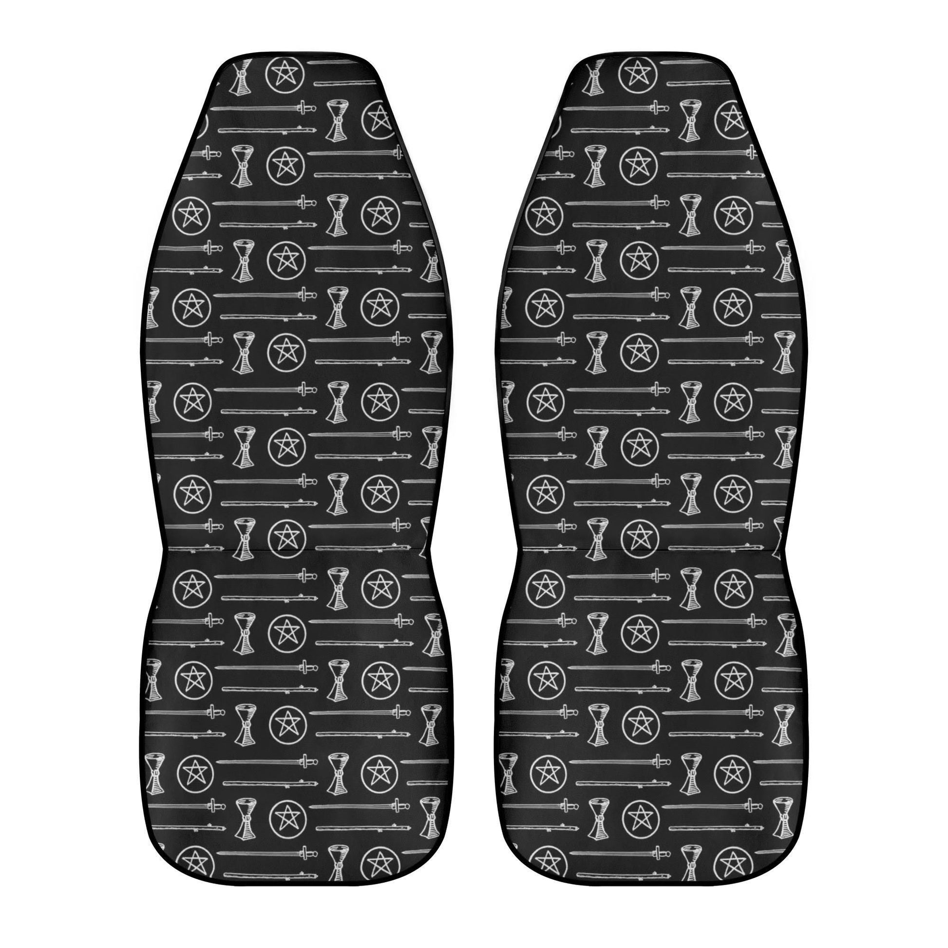 Black White Tarot Elements Car Seat Covers – Mystical Esoteric Symbols (Set of 2)